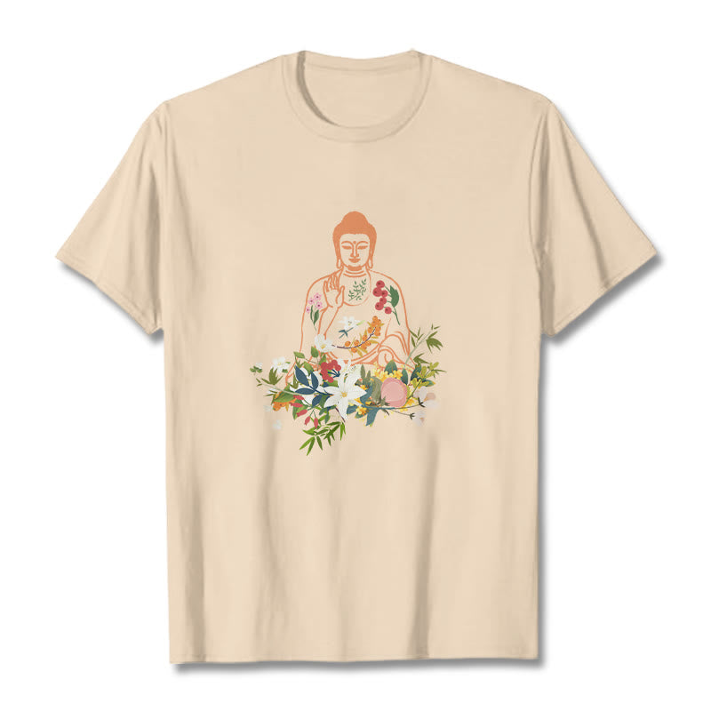 Mythstone Meditating Buddha Blooming Flowers Pattern Tee T-shirt