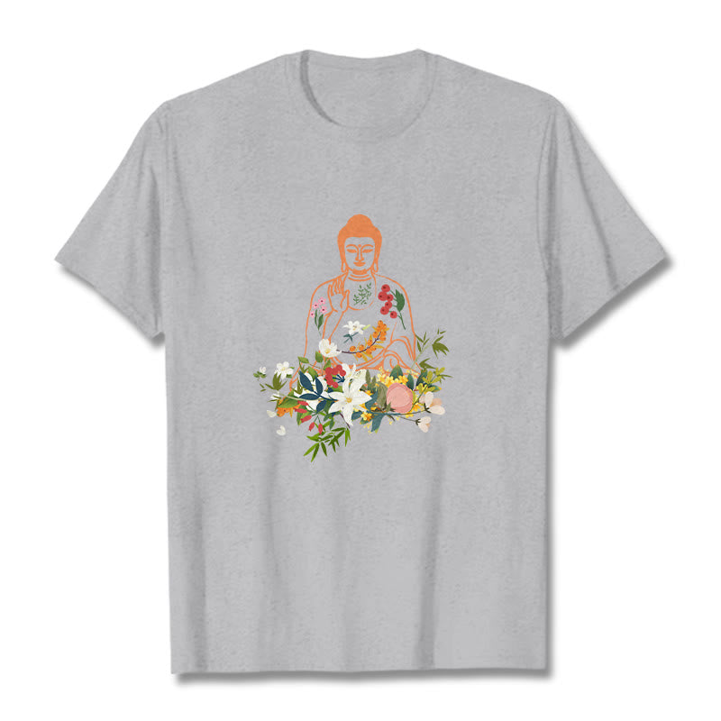 Mythstone Meditating Buddha Blooming Flowers Pattern Tee T-shirt