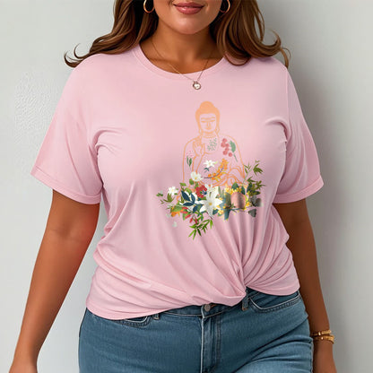 Mythstone Meditating Buddha Blooming Flowers Pattern Tee T-shirt