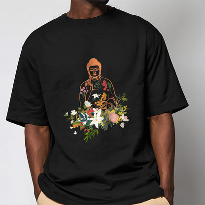 Mythstone Meditating Buddha Blooming Flowers Pattern Tee T-shirt