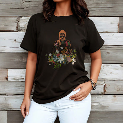 Mythstone Meditating Buddha Blooming Flowers Pattern Tee T-shirt