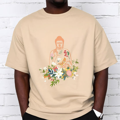 Mythstone Meditating Buddha Blooming Flowers Pattern Tee T-shirt