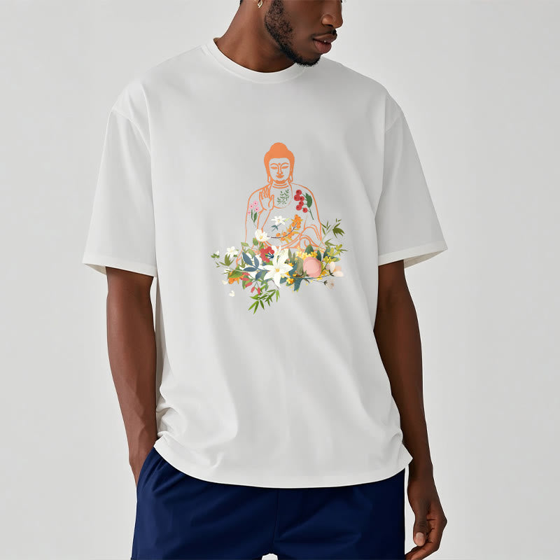 Mythstone Meditating Buddha Blooming Flowers Pattern Tee T-shirt