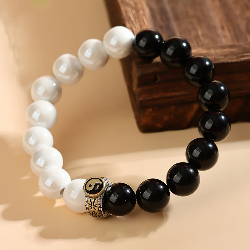 Mythstone Black Obsidian White Porcelain Beads Yin Yang Fulfilment Bracelet