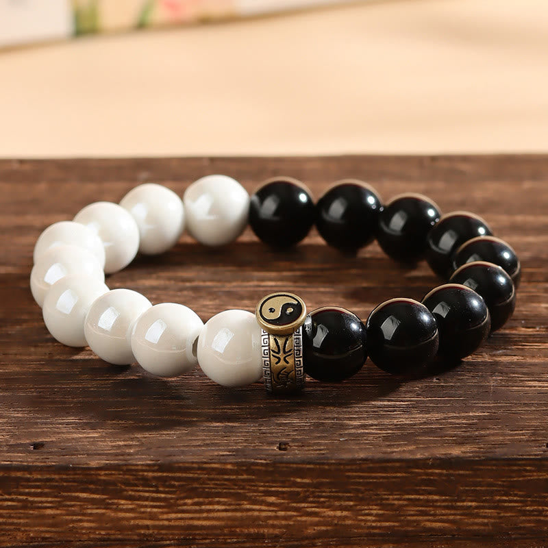 Mythstone Black Obsidian White Porcelain Beads Yin Yang Fulfilment Bracelet