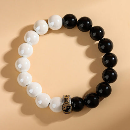 Mythstone Black Obsidian White Porcelain Beads Yin Yang Fulfilment Bracelet