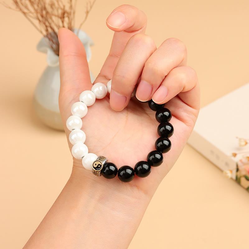 Mythstone Black Obsidian White Porcelain Beads Yin Yang Fulfilment Bracelet