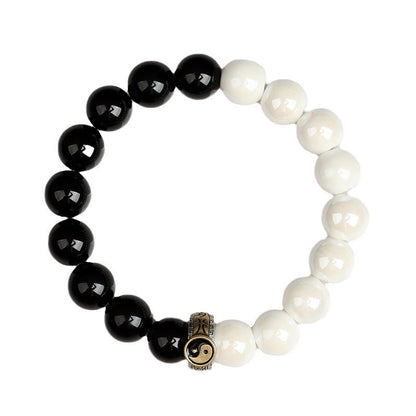 Mythstone Black Obsidian White Porcelain Beads Yin Yang Fulfilment Bracelet