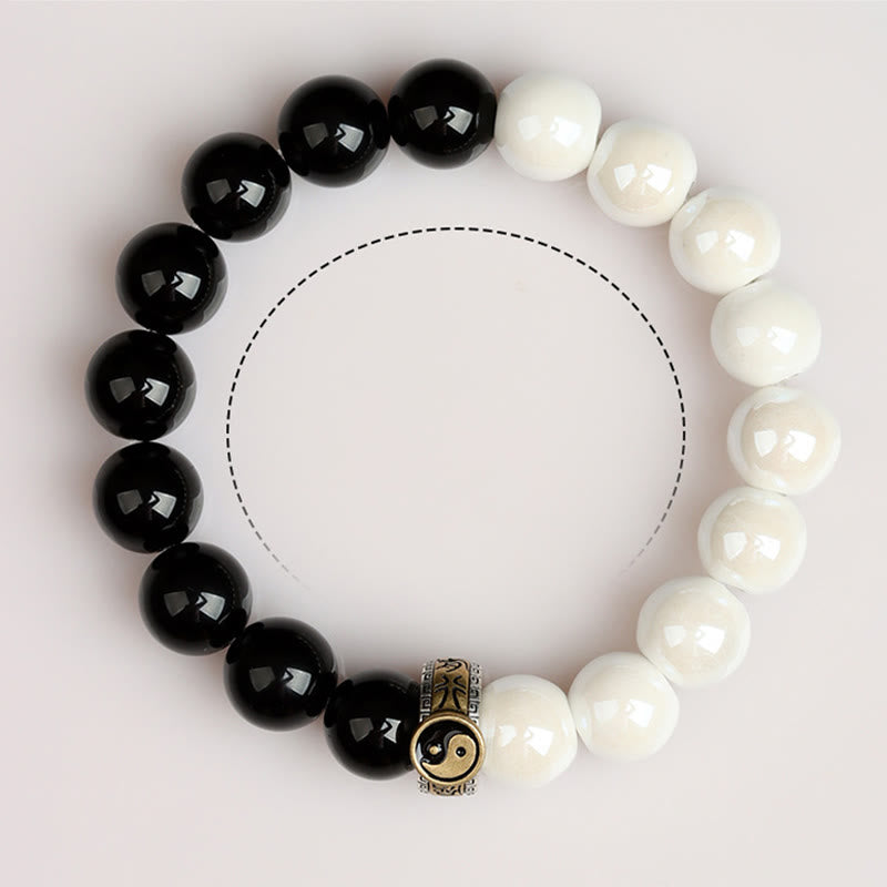 Mythstone Black Obsidian White Porcelain Beads Yin Yang Fulfilment Bracelet