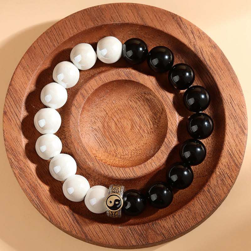 Mythstone Black Obsidian White Porcelain Beads Yin Yang Fulfilment Bracelet