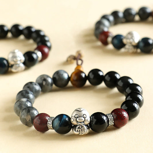 Mythstone Black Glitter Stone Black Onyx 999 Sterling Silver Fu Character Copper Coin Year Of Snake Protection Bracelet