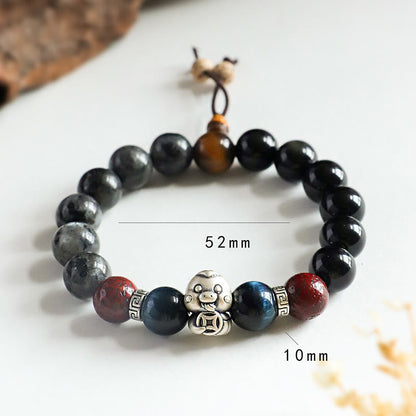 Pulsera de protección del año de la serpiente con moneda de cobre y personaje Fu en plata de ley 999 con piedra brillante negra y ónix negro