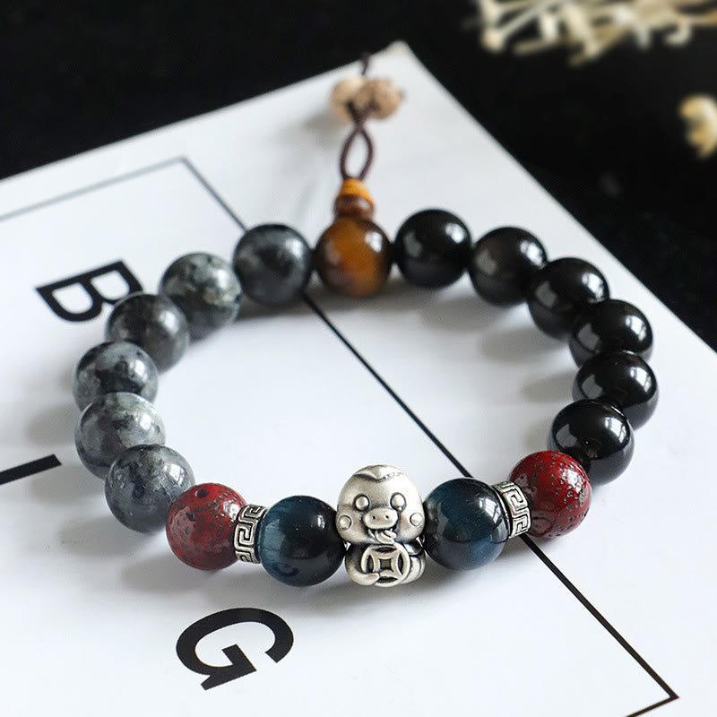 Pulsera de protección del año de la serpiente con moneda de cobre y personaje Fu en plata de ley 999 con piedra brillante negra y ónix negro