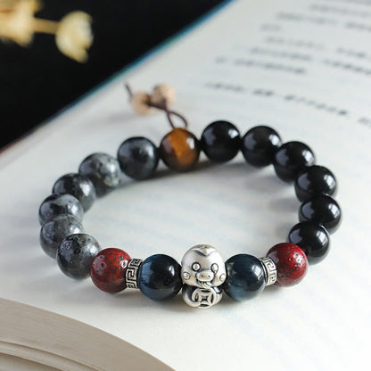 Pulsera de protección del año de la serpiente con moneda de cobre y personaje Fu en plata de ley 999 con piedra brillante negra y ónix negro