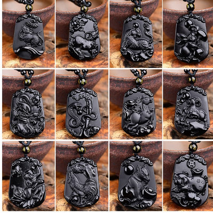 Mythstone Chinese Zodiac Obsidian Purification Fulfilment Necklace Pendant