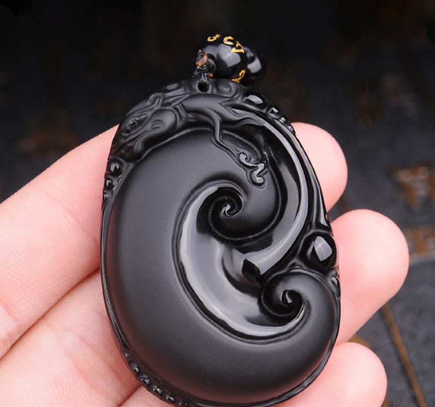 Mythstone Natural Black Obsidian PiXiu Oval Pattern Strength Necklace Pendant