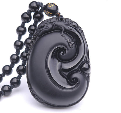 Mythstone Natural Black Obsidian PiXiu Oval Pattern Strength Necklace Pendant