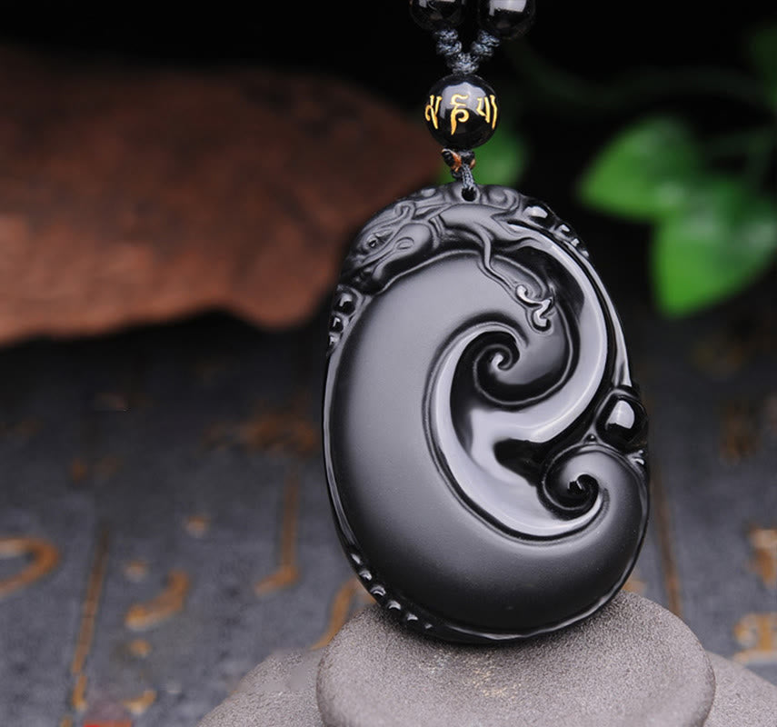 Mythstone Natural Black Obsidian PiXiu Oval Pattern Strength Necklace Pendant