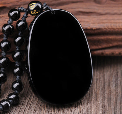 Mythstone Natural Black Obsidian PiXiu Oval Pattern Strength Necklace Pendant