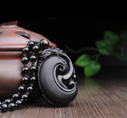 Mythstone Natural Black Obsidian PiXiu Oval Pattern Strength Necklace Pendant