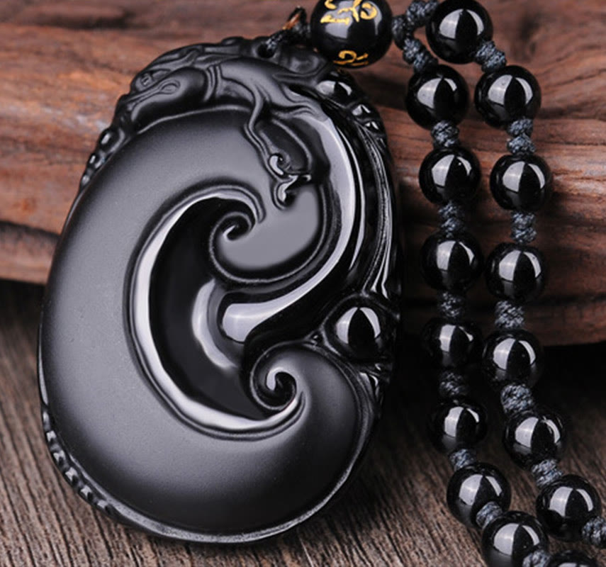 Mythstone Natural Black Obsidian PiXiu Oval Pattern Strength Necklace Pendant