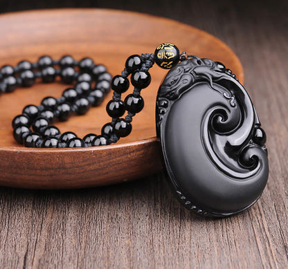 Mythstone Natural Black Obsidian PiXiu Oval Pattern Strength Necklace Pendant