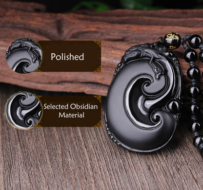 Mythstone Natural Black Obsidian PiXiu Oval Pattern Strength Necklace Pendant