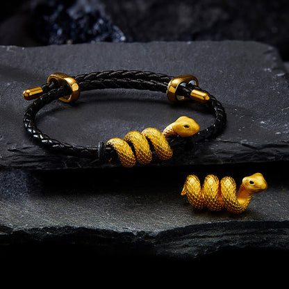 Pulsera de cuero con hebilla doble de serpiente dorada 999 de Mythstone con cuerda negra y protección del año de la serpiente