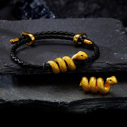 Mythstone 999 Gold Snake Double Buckle Leather Cord Black Rope Year Of The Snake Protection Bracelet