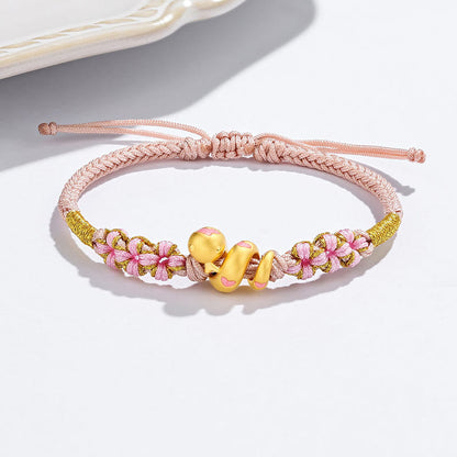 Mythstone 999 Gold Beads Enamel Pink Rope Year Of The Snake Luck Bracelet