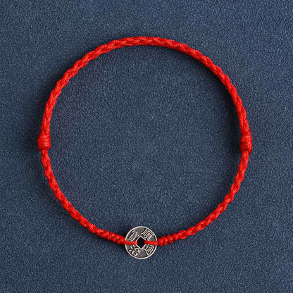 Pulsera trenzada para tobillo Mythstone de plata de ley 925 con cinco monedas del emperador y cordón rojo para proteger la suerte