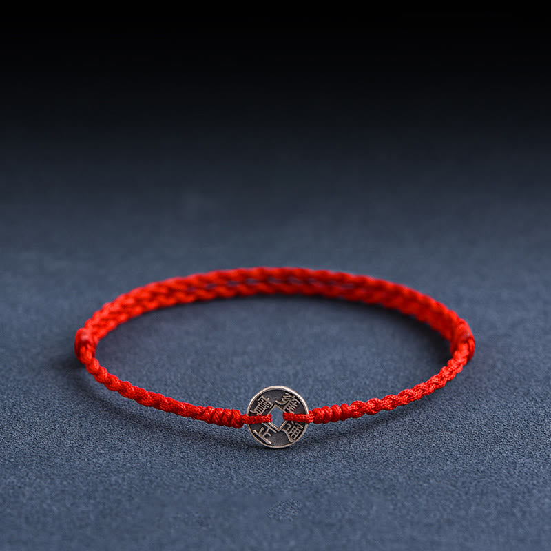 Pulsera trenzada para tobillo Mythstone de plata de ley 925 con cinco monedas del emperador y cordón rojo para proteger la suerte