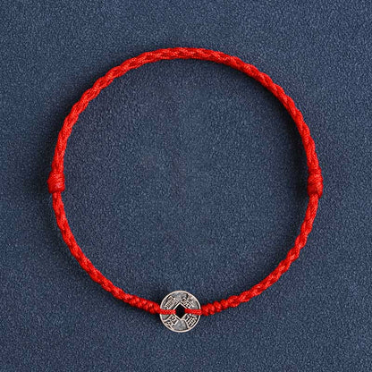 Pulsera trenzada para tobillo Mythstone de plata de ley 925 con cinco monedas del emperador y cordón rojo para proteger la suerte