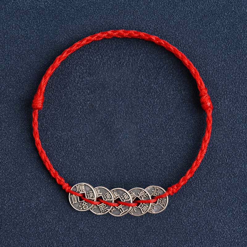 Pulsera trenzada para tobillo Mythstone de plata de ley 925 con cinco monedas del emperador y cordón rojo para proteger la suerte