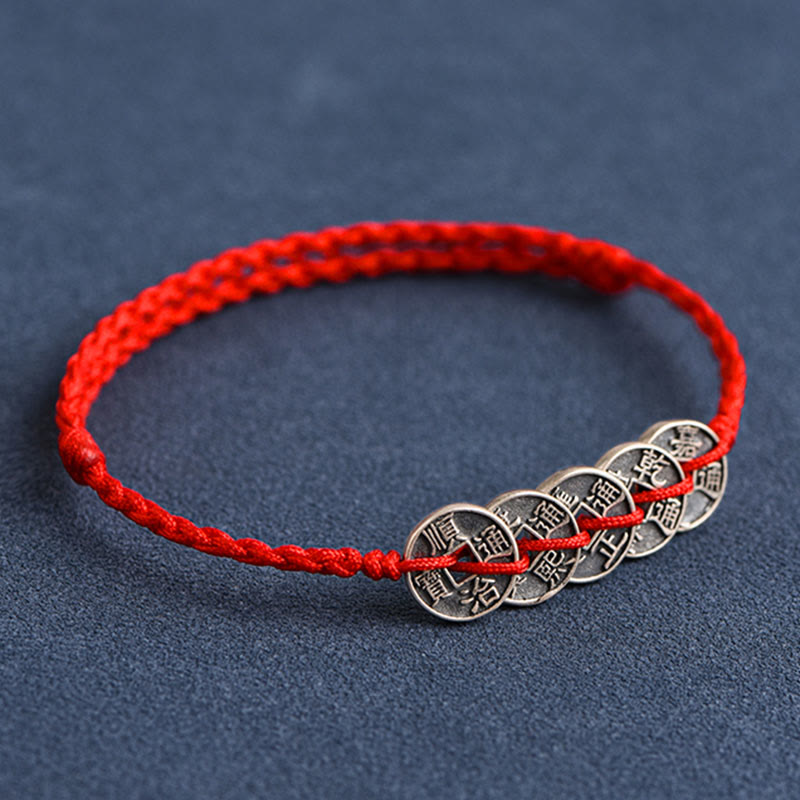 Pulsera trenzada para tobillo Mythstone de plata de ley 925 con cinco monedas del emperador y cordón rojo para proteger la suerte