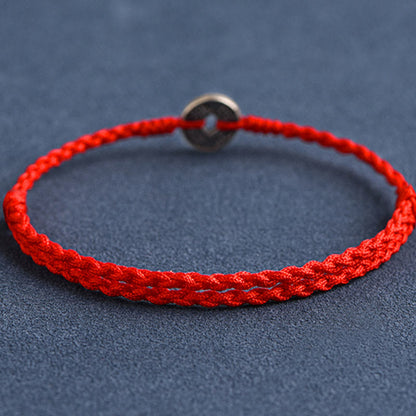 Pulsera trenzada para tobillo Mythstone de plata de ley 925 con cinco monedas del emperador y cordón rojo para proteger la suerte