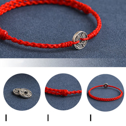 Pulsera trenzada para tobillo Mythstone de plata de ley 925 con cinco monedas del emperador y cordón rojo para proteger la suerte