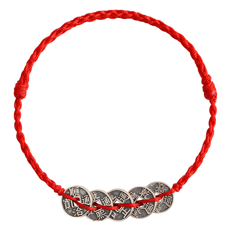 Pulsera trenzada para tobillo Mythstone de plata de ley 925 con cinco monedas del emperador y cordón rojo para proteger la suerte