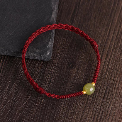 Mythstone Natural Hetian Jade 999 Gold Beads Protection Luck Braided Bracelet Anklet