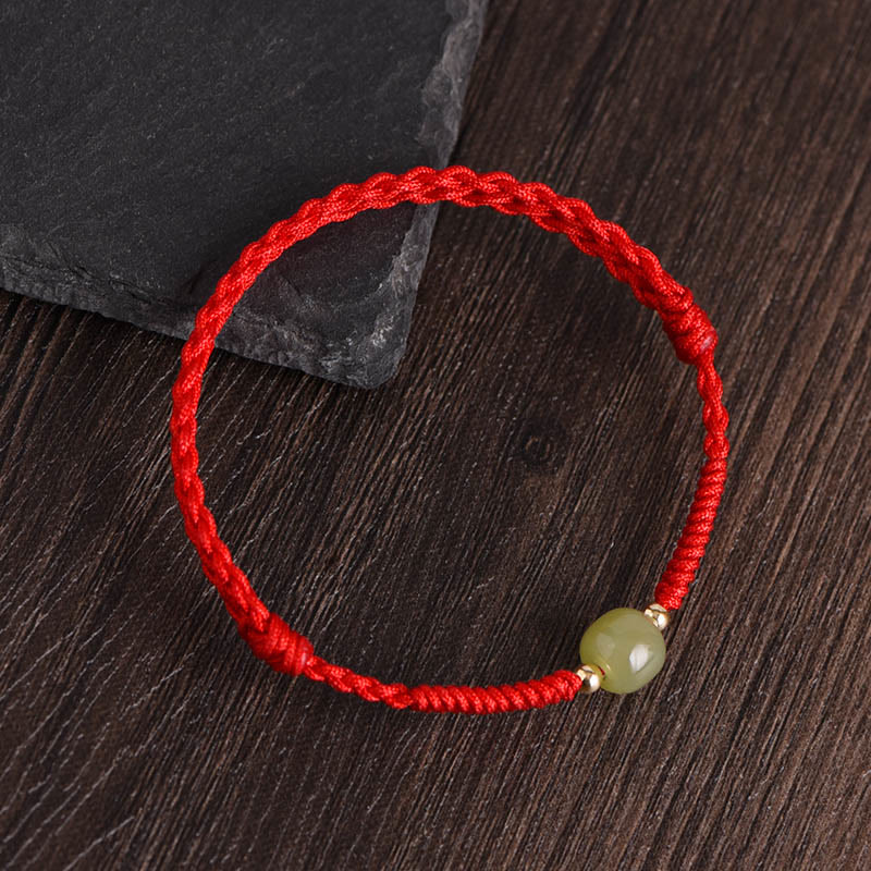 Mythstone Natural Hetian Jade 999 Gold Beads Protection Luck Braided Bracelet Anklet