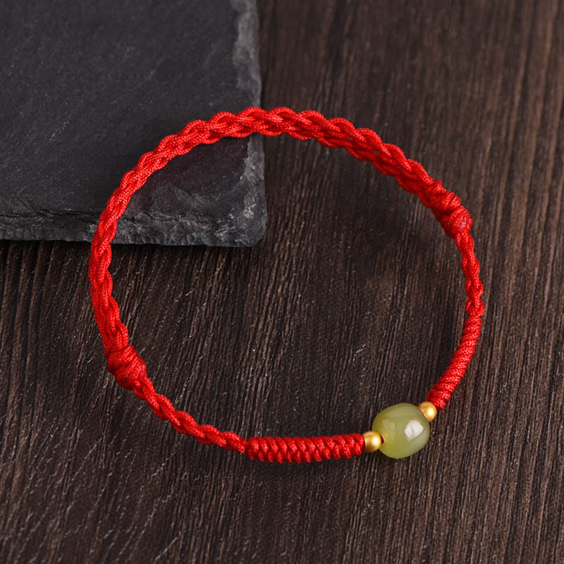 Mythstone Natural Hetian Jade 999 Gold Beads Protection Luck Braided Bracelet Anklet