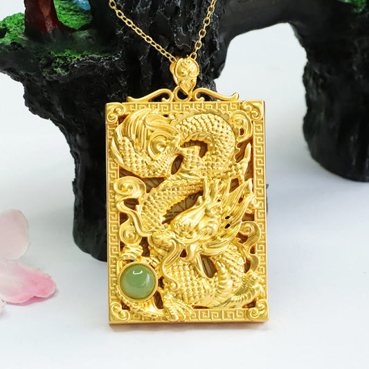 Mythstone Dragon Gold Plated Copper Hetian Jade Strength Necklace Pendant