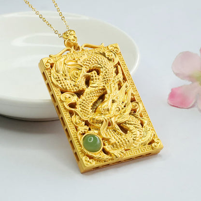 Mythstone Dragon Gold Plated Copper Hetian Jade Strength Necklace Pendant