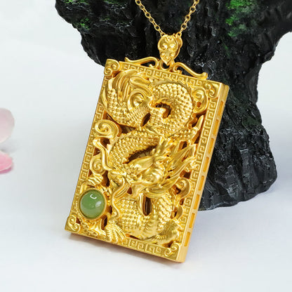 Mythstone Dragon Gold Plated Copper Hetian Jade Strength Necklace Pendant