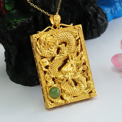 Mythstone Dragon Gold Plated Copper Hetian Jade Strength Necklace Pendant