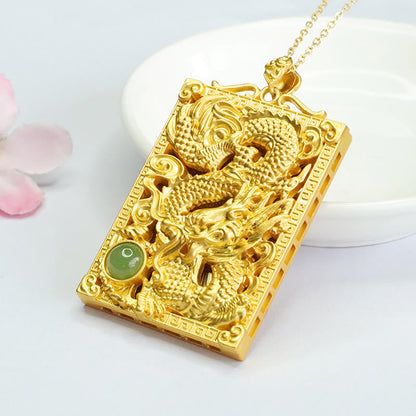 Mythstone Dragon Gold Plated Copper Hetian Jade Strength Necklace Pendant