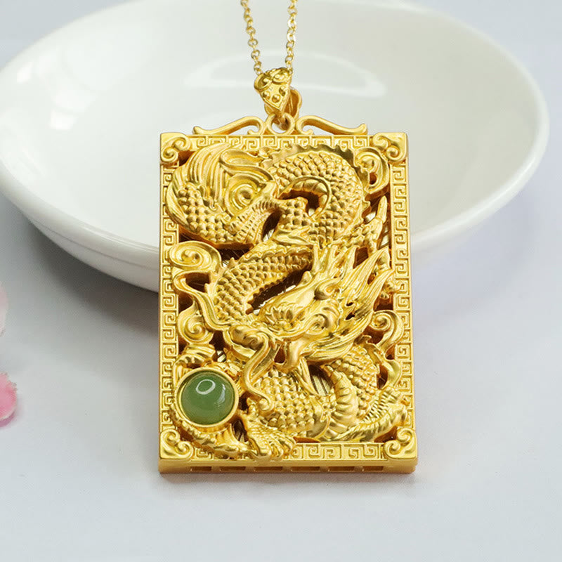 Mythstone Dragon Gold Plated Copper Hetian Jade Strength Necklace Pendant