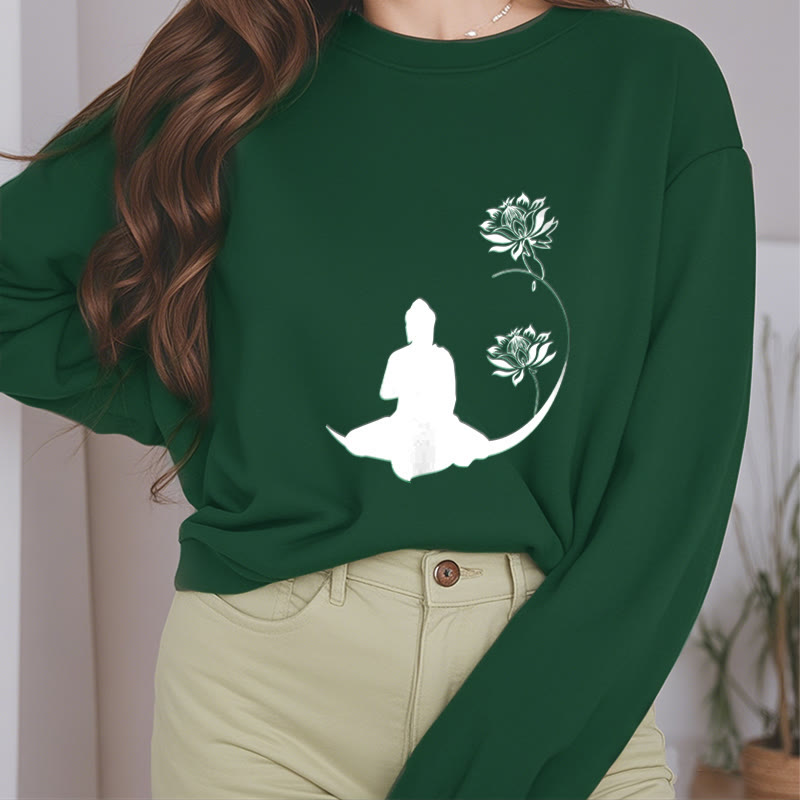 Mythstone Buddha Sitting With Lotus Flowers Pattern Fleece Lined Sweatshirt