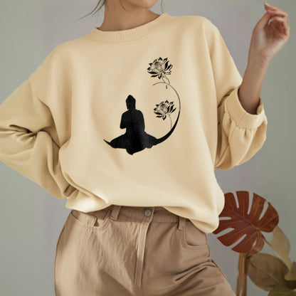 Mythstone Buddha Sitting With Lotus Flowers Pattern Fleece Lined Sweatshirt