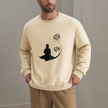 Mythstone Buddha Sitting With Lotus Flowers Pattern Fleece Lined Sweatshirt